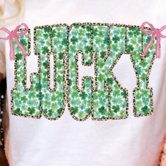 Lucky Shamrock Tee, St Patrick’s Lucky Varsity Tee, Clover Leopard Bow Tee - Picture 2 of 4